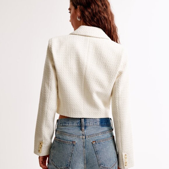 Abercrombie & Fitch Cropped Tweed Blazer Cream Size Small - Picture 6 of 8